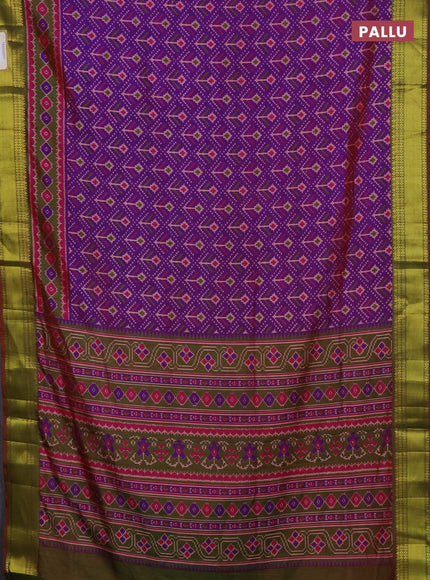 Semi tussar saree purple and mehendi green with allover ikat butta prints and zari woven border