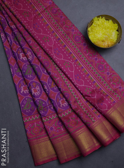 Semi tussar saree purple and pink with allover patola prints and zari woven border