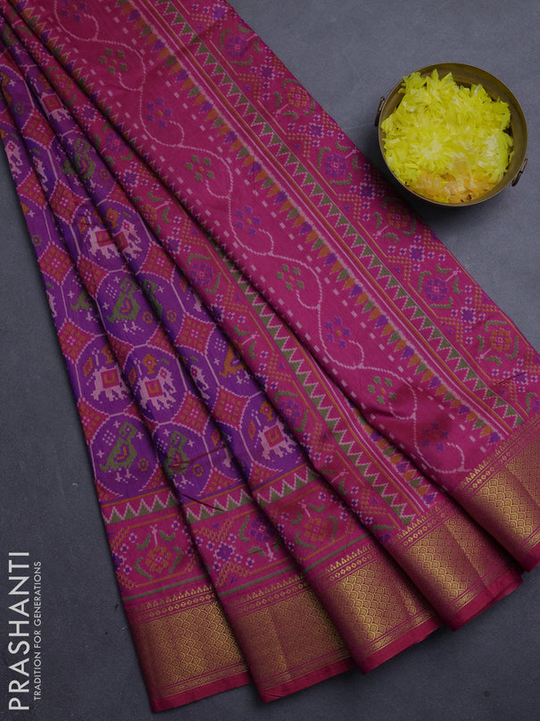 Semi tussar saree purple and pink with allover patola prints and zari woven border