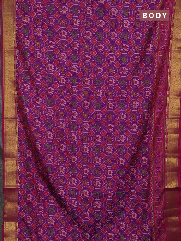 Semi tussar saree purple and pink with allover patola prints and zari woven border