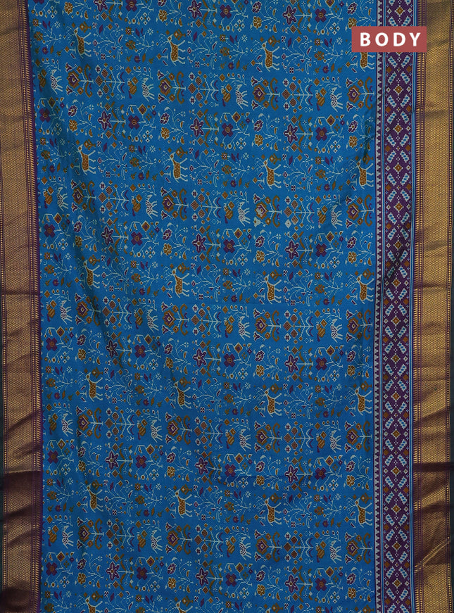 Semi tussar saree teal blue and purple with allover patola prints and zari woven border