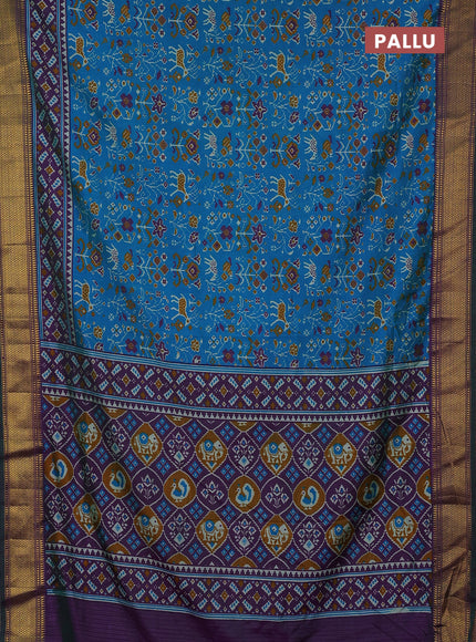 Semi tussar saree teal blue and purple with allover patola prints and zari woven border