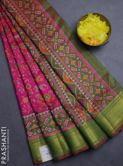 Semi tussar saree pink and green with allover patola prints and zari woven border