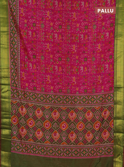 Semi tussar saree pink and green with allover patola prints and zari woven border