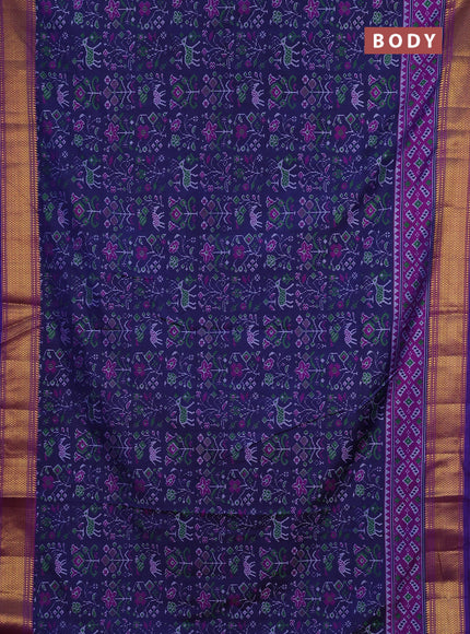 Semi tussar saree navy blue and purple with allover patola prints and zari woven border