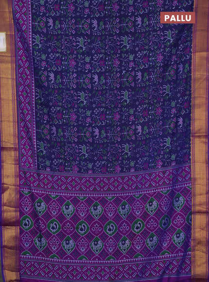 Semi tussar saree navy blue and purple with allover patola prints and zari woven border