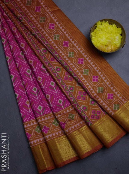 Semi tussar saree pink and rust orange with allover ikat weaves and ikat zari woven border
