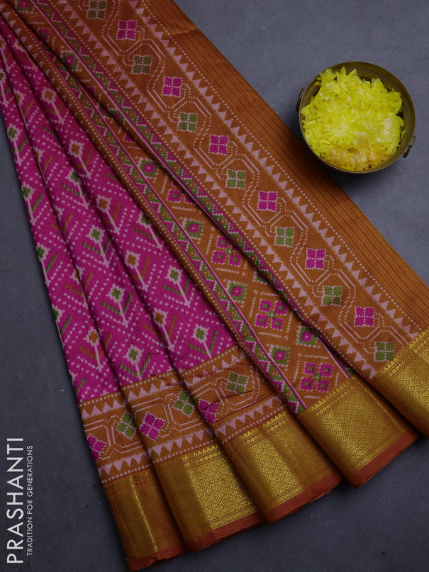 Semi tussar saree pink and rust orange with allover ikat weaves and ikat zari woven border