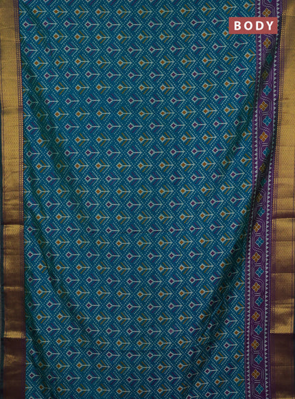 Semi tussar saree teal green and deep purple with allover ikat weaves and ikat zari woven border