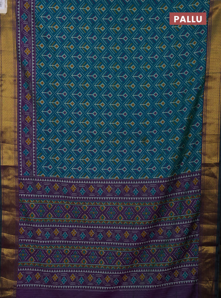 Semi tussar saree teal green and deep purple with allover ikat weaves and ikat zari woven border