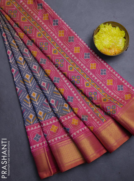 Semi tussar saree grey and pink with allover ikat weaves and ikat zari woven border