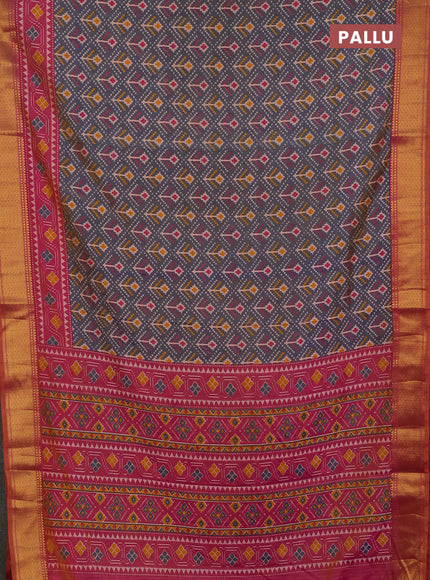 Semi tussar saree grey and pink with allover ikat weaves and ikat zari woven border