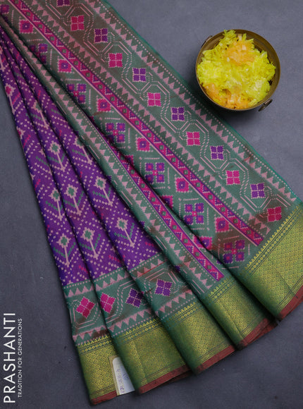 Semi tussar saree purple and green with allover ikat weaves and ikat zari woven border