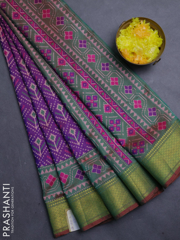 Semi tussar saree purple and green with allover ikat weaves and ikat zari woven border