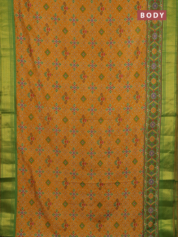 Semi tussar saree mustard yellow and light green with allover ikat weaves and ikat zari woven border
