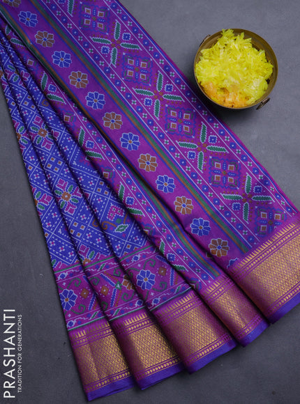 Semi tussar saree blue and magenta pink with allover ikat weaves and ikat zari woven border