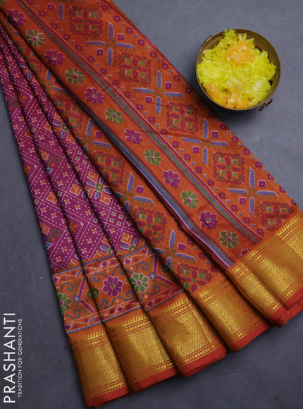 Semi tussar saree dark magenta pink and rust with allover ikat weaves and ikat zari woven border