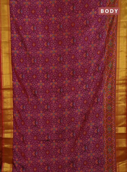 Semi tussar saree dark magenta pink and rust with allover ikat weaves and ikat zari woven border