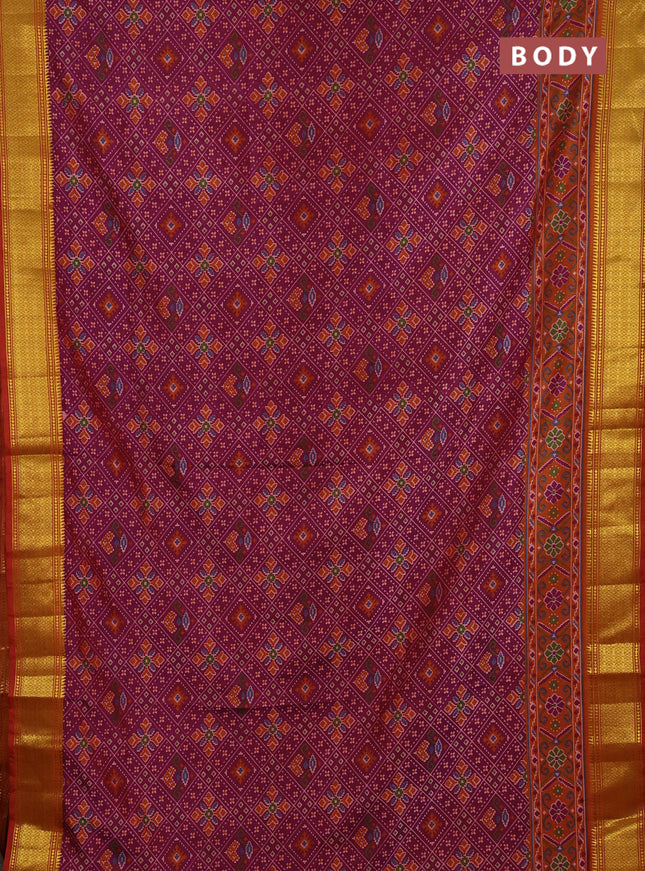 Semi tussar saree dark magenta pink and rust with allover ikat weaves and ikat zari woven border