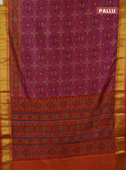 Semi tussar saree dark magenta pink and rust with allover ikat weaves and ikat zari woven border