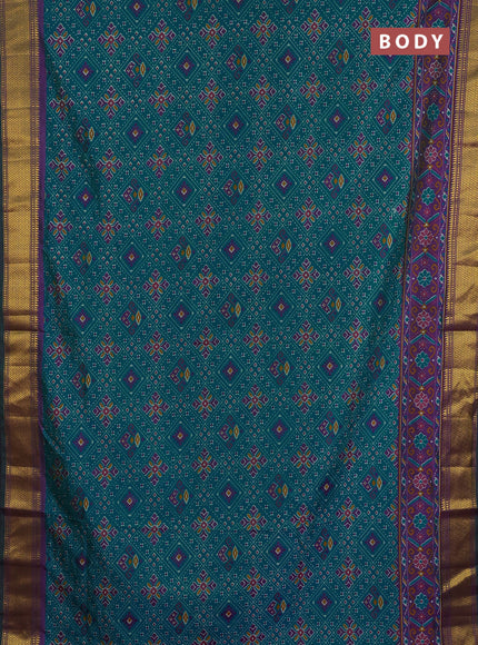 Semi tussar saree teal green and purple with allover ikat weaves and ikat zari woven border