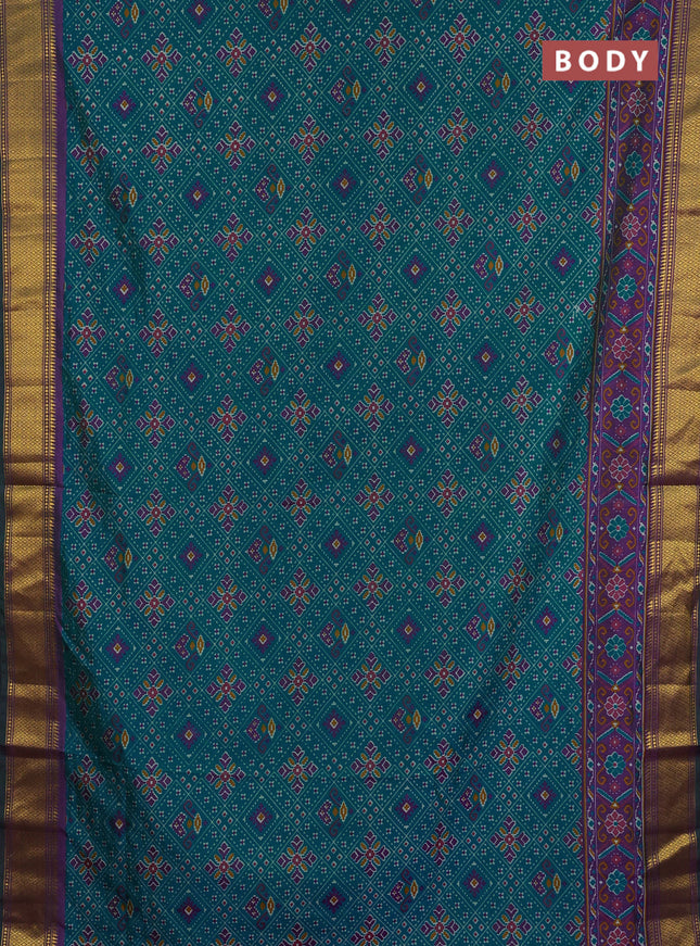 Semi tussar saree teal green and purple with allover ikat weaves and ikat zari woven border
