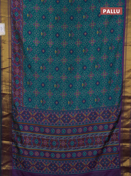 Semi tussar saree teal green and purple with allover ikat weaves and ikat zari woven border