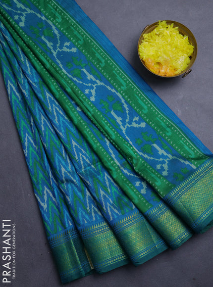 Semi tussar saree teal blue and green with allover ikat weaves and ikat zari woven border