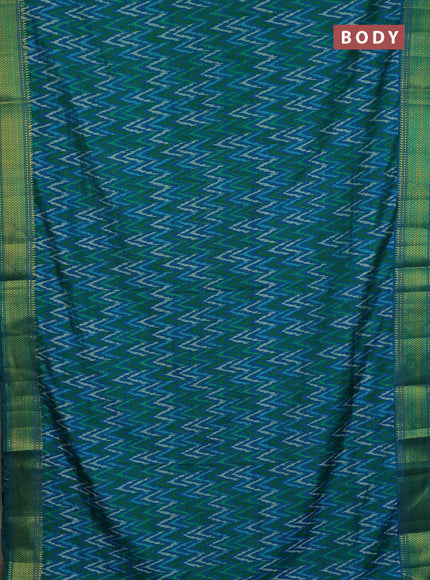 Semi tussar saree teal blue and green with allover ikat weaves and ikat zari woven border