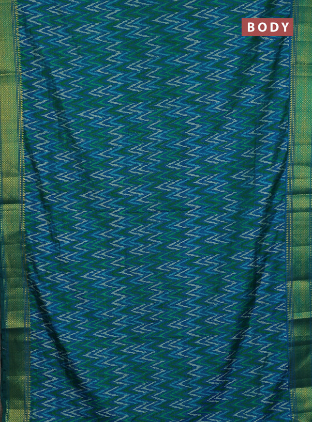 Semi tussar saree teal blue and green with allover ikat weaves and ikat zari woven border
