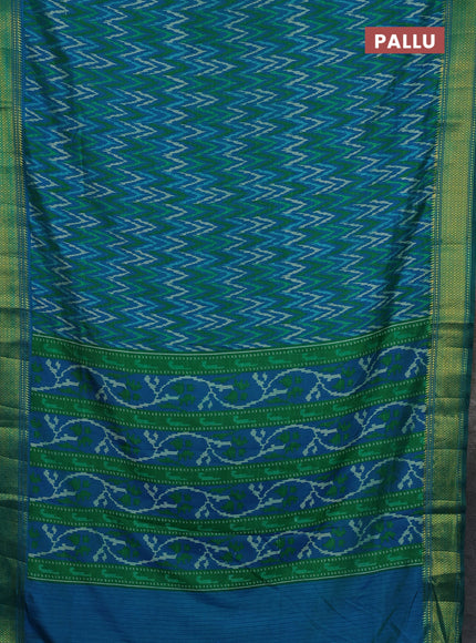 Semi tussar saree teal blue and green with allover ikat weaves and ikat zari woven border