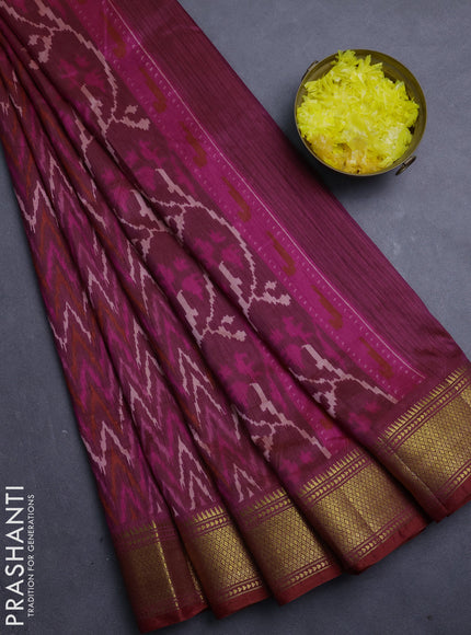 Semi tussar saree dark magenta pink with allover zigzag ikat prints and zari woven border
