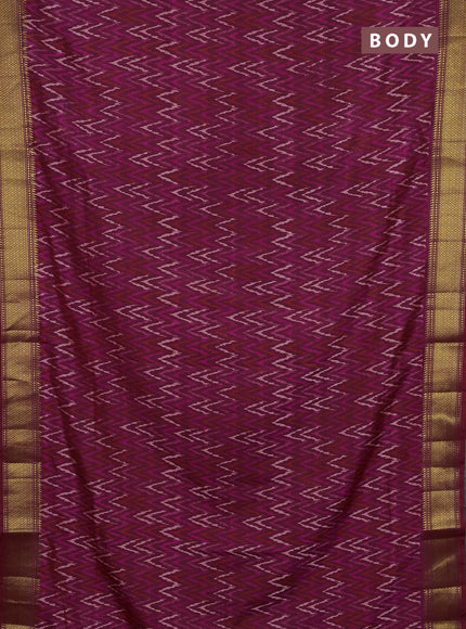 Semi tussar saree dark magenta pink with allover zigzag ikat prints and zari woven border