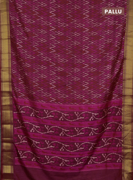 Semi tussar saree dark magenta pink with allover zigzag ikat prints and zari woven border
