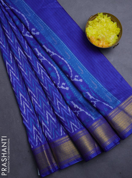 Semi tussar saree blue with allover zigzag ikat prints and zari woven border