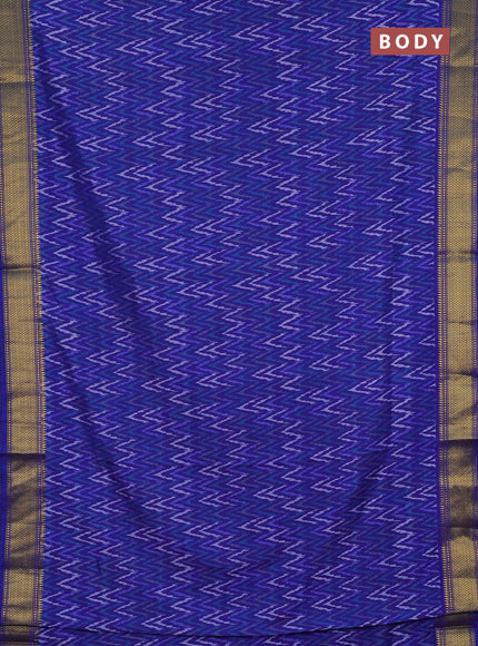 Semi tussar saree blue with allover zigzag ikat prints and zari woven border