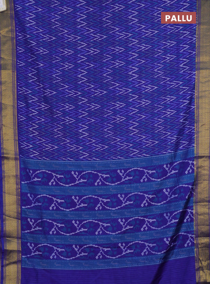 Semi tussar saree blue with allover zigzag ikat prints and zari woven border