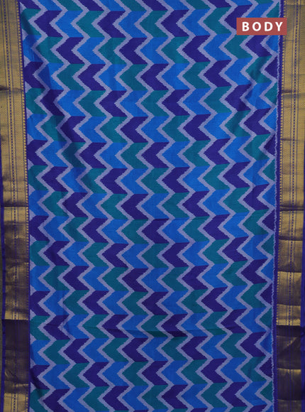 Semi tussar saree blue and royal blue with allover zigzag ikat prints and zari woven border