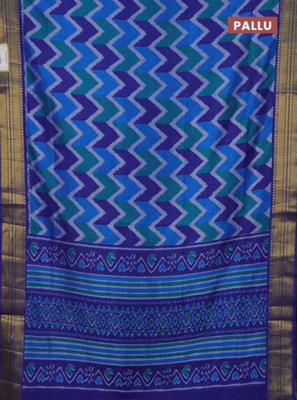 Semi tussar saree blue and royal blue with allover zigzag ikat prints and zari woven border