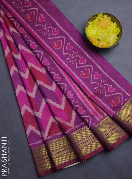 Semi tussar saree pink and purple with allover zigzag ikat prints and zari woven border
