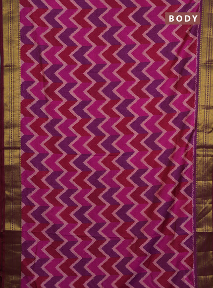 Semi tussar saree pink and purple with allover zigzag ikat prints and zari woven border