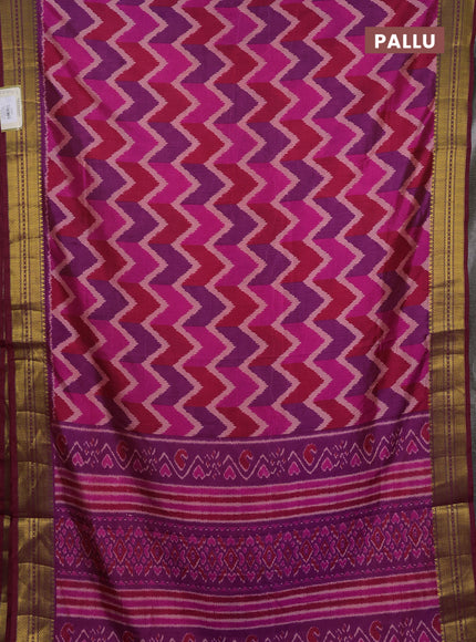 Semi tussar saree pink and purple with allover zigzag ikat prints and zari woven border