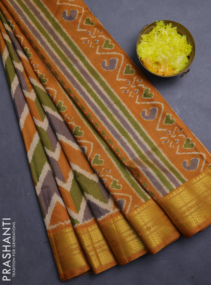 Semi tussar saree mehendi green and rust shade with allover zigzag ikat prints and zari woven border
