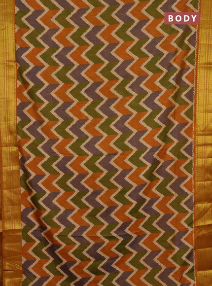 Semi tussar saree mehendi green and rust shade with allover zigzag ikat prints and zari woven border