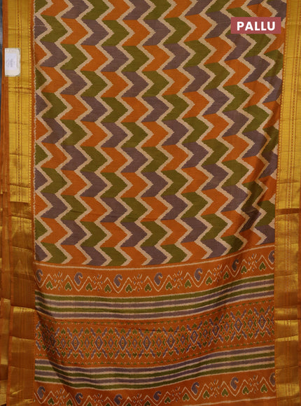Semi tussar saree mehendi green and rust shade with allover zigzag ikat prints and zari woven border