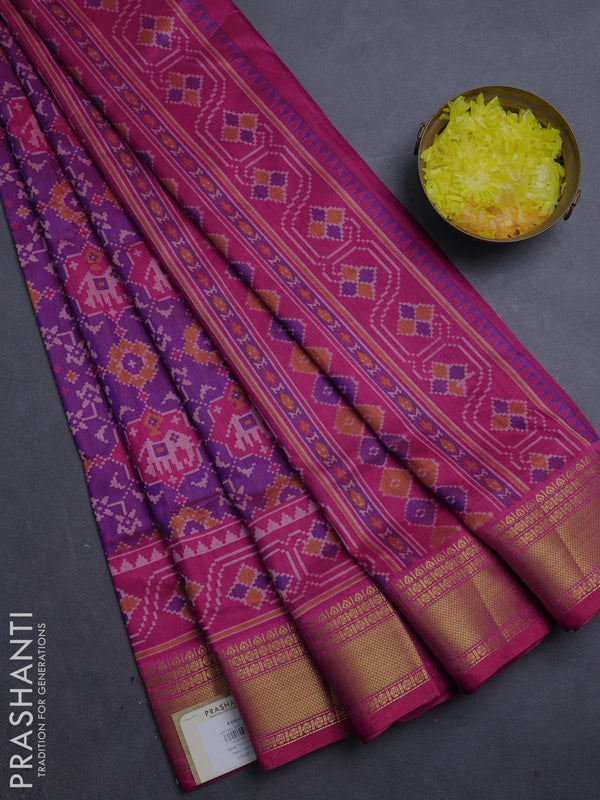 Semi tussar saree purple and dark pink with allover patola prints and zari woven border