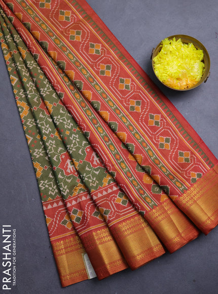 Semi tussar saree mehendi green and rust orange with allover patola prints and zari woven border