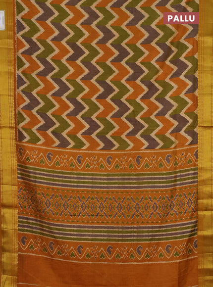 Semi tussar saree mehendi green and rust shade with allover zigzag ikat prints and zari woven border