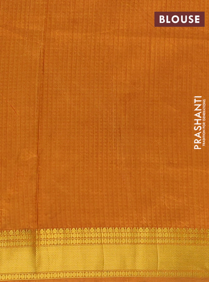 Semi tussar saree mehendi green and rust shade with allover zigzag ikat prints and zari woven border