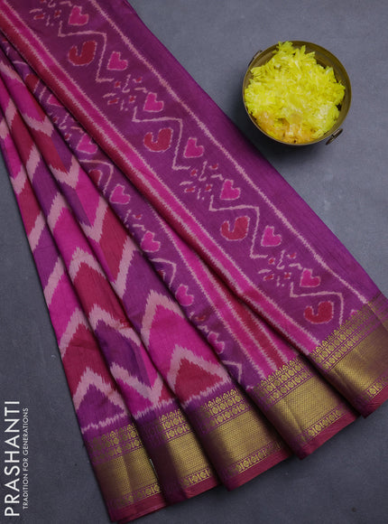 Semi tussar saree pink and purple with allover zigzag ikat prints and zari woven border
